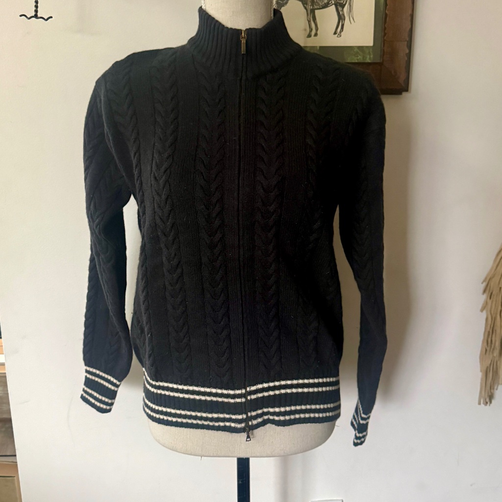 Vintage Loro Piana 100% Cashmere Black White Striped Full Zip Sweater L
